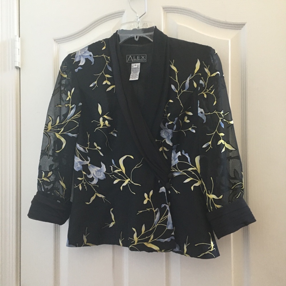 Alex Evenings Black Floral Wrap Blouse with Pale Blue and Yellow Accents